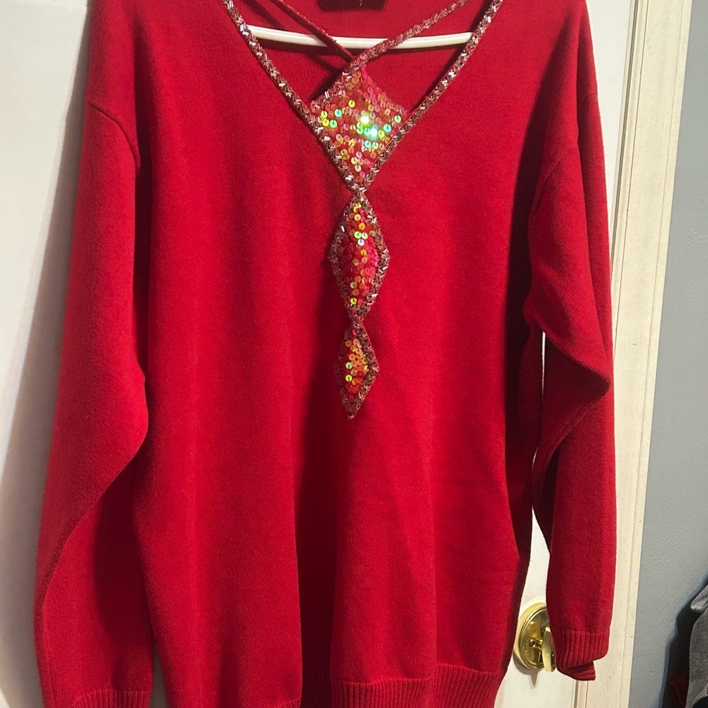Bob Mackie Vibrant Red V-Neck Sweater with Sequin Embellishment